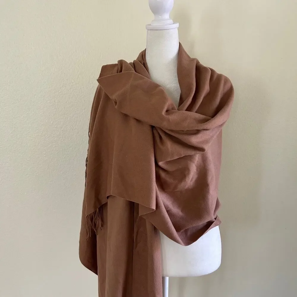 Womens Cashmere Blend Shawl Wrap Brown Fringe Soft Travel Quiet Luxury Scarf